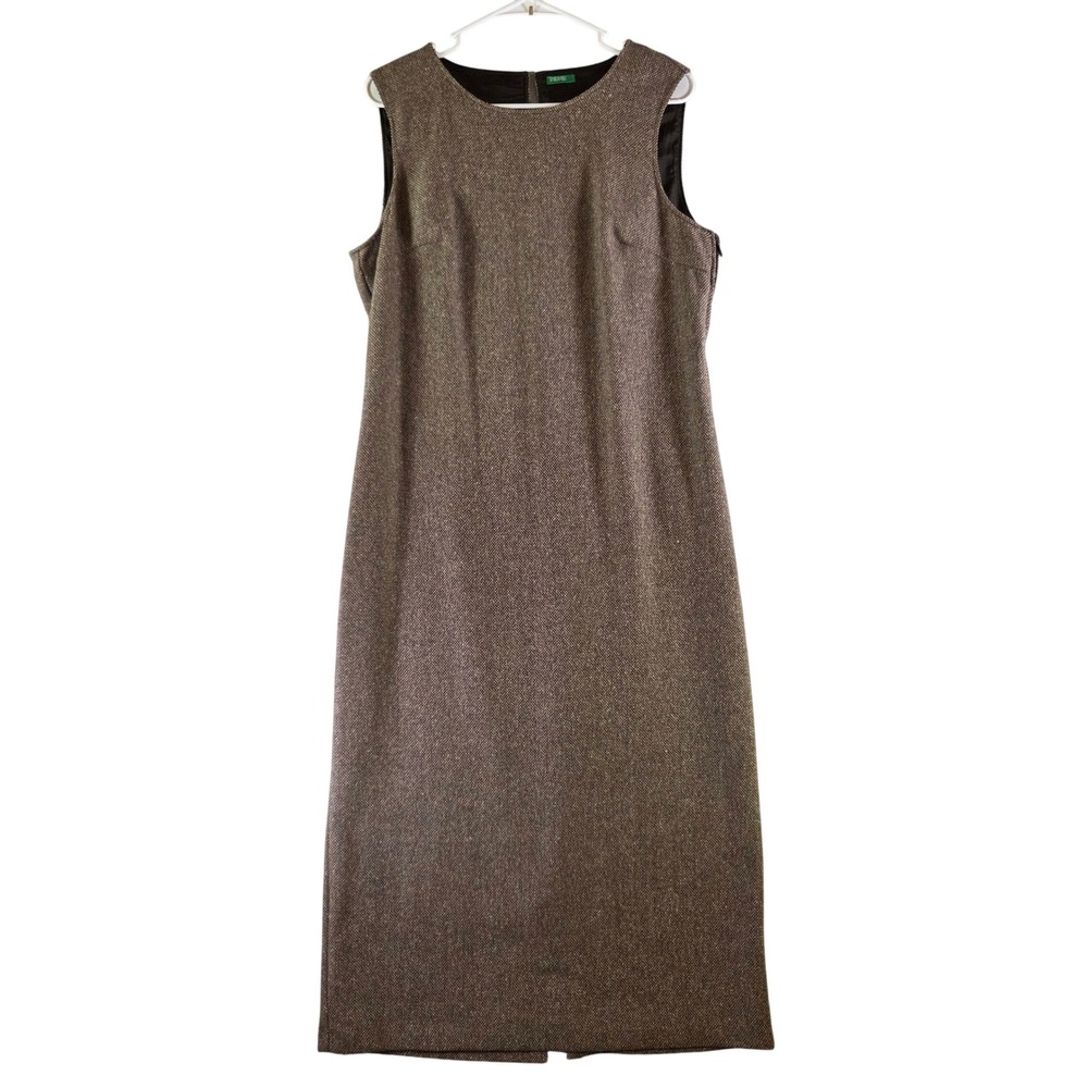 Vtg United Colors of Benetton Brown Wool Silk Tweed Midi Dress Italy Academia Lg